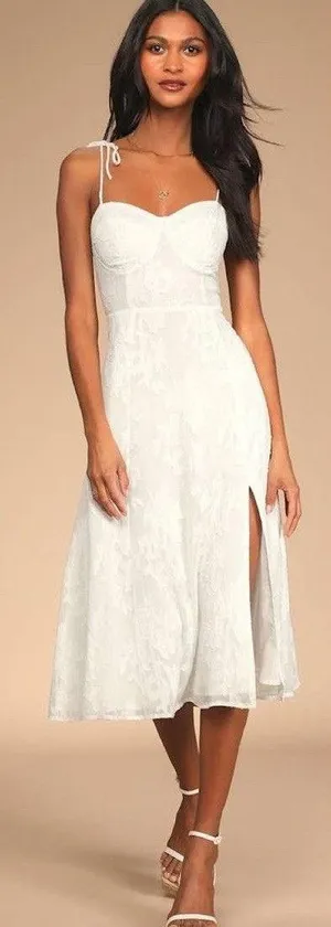 Lulus Loveliest Looks White Floral Jacquard Tie-Strap Midi Dress Medium Bridal thumbnail 1