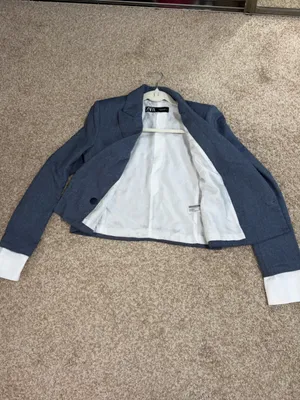 Zara Cropped Double-Breasted‎ Blazer in Blue with White Cuff Detail thumbnail 6