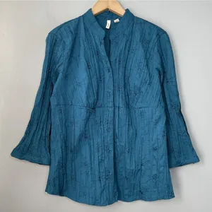St. John's Bay Teal Eyelet Blouse Size Large Crinkle Empire Waist Embroidered Top Cottage Y2K thumbnail 1
