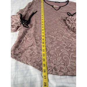 Onyx Apparel Women’s Lace Blouse L Pink/Black Pearl V-Neck Bell Sleeve 20195CM thumbnail 5