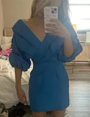 Showpo Blue Puff Sleeve Wrap Mini Dress – Size US 2 thumbnail 1