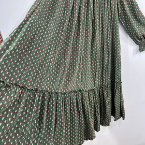 April Cornell Candlelight Smock Dress Large L Olive Green Block Print Boho Midi thumbnail 9