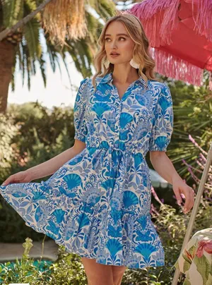 Women’s Sugarlips Biller Floral Stacie Button Down Mini Dress Blue Nautical M 🐟 thumbnail 1