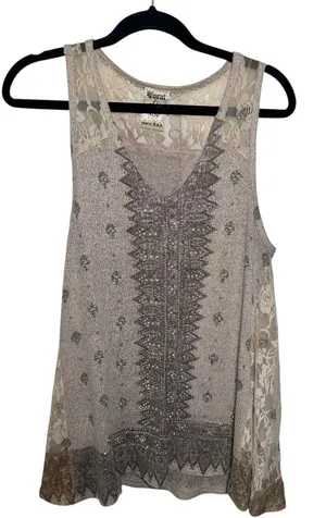 Vocal Apparel Mystic Shimmer Lace Tank‎ in Beige Size Large Lightweight V Neck thumbnail 1