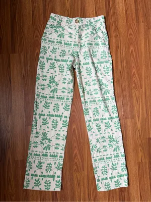 Zara Linen Leaf Print Boho High Rise Lightweight Straight Leg Pants Small thumbnail 2