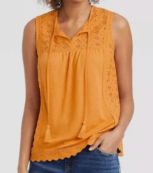 Knox Rose Women's Solaris Orange Eyelet Lace Rib Knit Tank Top, Large thumbnail 1