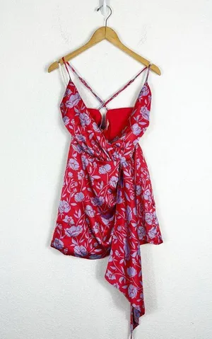Revolve Lovers + Friends Kamala Mini Dress Medium Red Purple Floral Satin Draped thumbnail 3