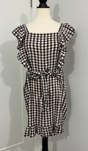 New Topshop Size 10 Brown Gingham Ruffle Sleeve Sash Dress NWT thumbnail 1