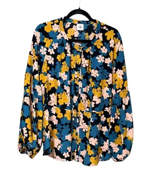 Cabi Busy Blouse 4158 Floral Button Front Balloon Sleeve‎ Black Teal Mustard L thumbnail 1