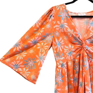 Pink Lily Morning Mimosas Mini Dress Orange‎ Floral Tiered Boho Women Medium thumbnail 4