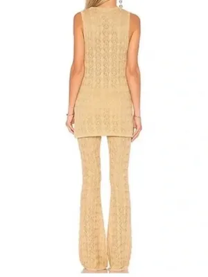 Free People Take Me Out Co-Ord Gold Metallic‎ Knit 2 Piece Set Flared Leg Small thumbnail 4