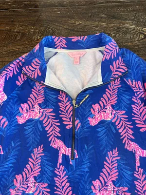 Lilly Pulitzer Skipper Popover Women S Blue Pink Zebra Leaf Print Excellent thumbnail 5