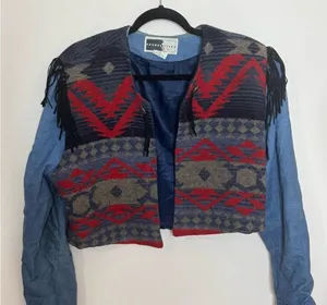 Vintage Rhonda Stark Southwestern Wool Blend and Denim Jacket With Fringe Large thumbnail 1
