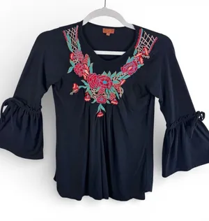 Scully Womens Black Floral Embroidered Bell Sleeve Boho Western Blouse Medium thumbnail 1