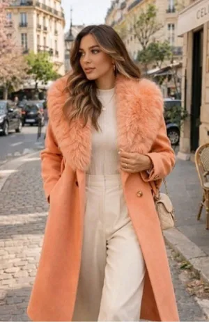 NEW - Dusty Peach Chic removable Faux Fur Collar Coat gold buttons belt pocket thumbnail 1