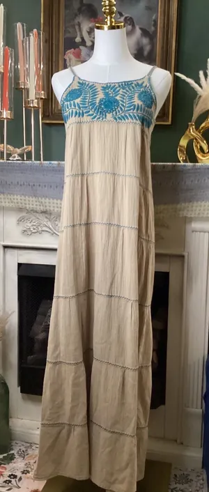 Ole San Miguel Tan Cotton Gauze Embroidered Tiered Maxi Dress Small Blue Floral thumbnail 1