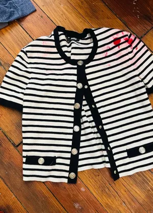 MAJE Black White Striped Gold Button Detail Cardigan Cropped Size 2 FLAWED thumbnail 1