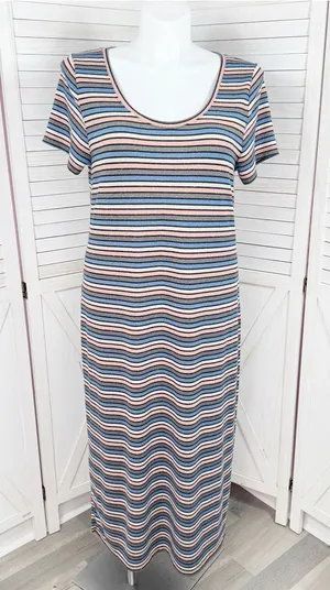 Loft Striped Shimmer Knit Midi Tee Shirt Dress Pink Blue Grey Metallic Size XL thumbnail 1