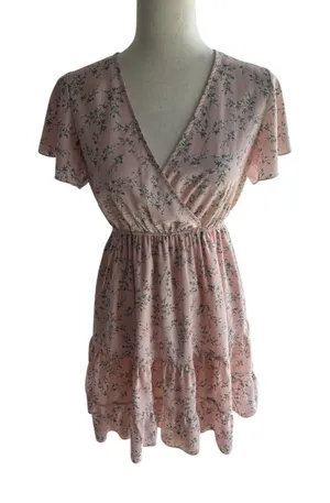 XS/S A-Line Short Pink Green Floral Flutter Sleeve V-Neck Sundress Ruffle thumbnail 1