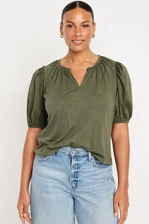 NEW Old Navy Boho Cottagecore Cotton Puff Sleeve Peasant‎ Blouse Olive Green XL thumbnail 1