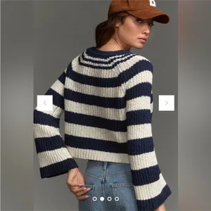 Anthropologie Pilcro Sweater Women's Navy Ivory Stripes‎ Cotton Knit Bell-Sleeve Size XS thumbnail 3