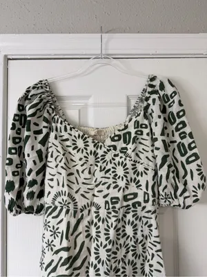 ADL‎ 100% Linen Mini Dress Geometric Pattern Green and Off White Size Medium thumbnail 3