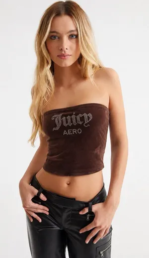 Juicy Couture Aeropostale Brown Velour Rhinestone Tube Top Y2K Size Small thumbnail 1