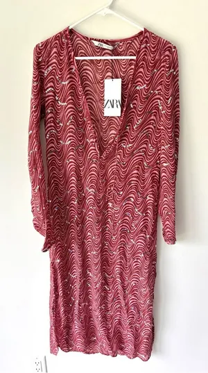 Zara Pink Sequins Beaded Swirl Printed Midi Dress Sheer Deep V Neck Tie Front thumbnail 1