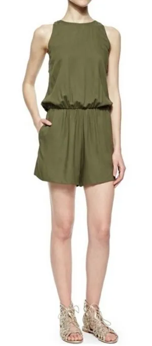 Alice + Olivia Open Back Romper Sleeveless Olive Green 2 Minimal Chic Vacation thumbnail 1