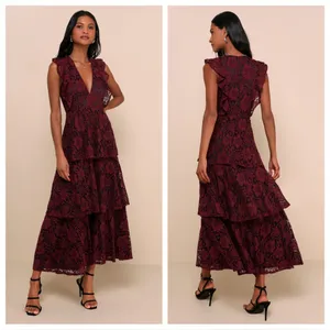 Lulu's Molinetto Burgundy Lace Ruffled Tiered Sleeveless Maxi Dress thumbnail 2