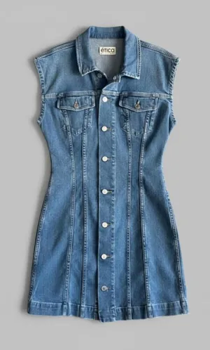 Etica Gabriela Denim Dress M Coquette Aesthetic Sustainable Jean Mini Button Up thumbnail 1