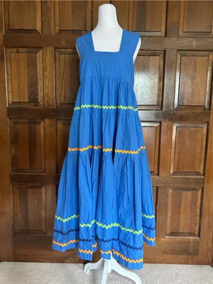 NWT Anthropologie The Helena Square Neck Tiered Ric Rac Blue Motif Dress Small S thumbnail 2