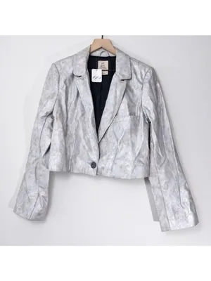 NWT Free People Block Party Metallic Blazer M Silver Vegan Leather Cropped Vneck thumbnail 2