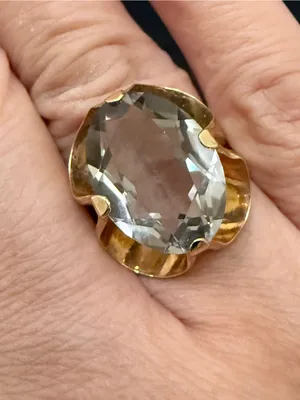 Vintage 18KT Electroplated Gold Oval Smoky Quartz Glass Cocktail Ring Size 4 thumbnail 1