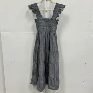 Hill House Ellie‎ Nap Dress XS Grey Blue Plaid Smocked Ruffle Midi Dress Picnic thumbnail 2