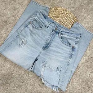 American Eagle Stretch Mom Straight Jeans Distressed Ripped Blue Size 6 Short thumbnail 1