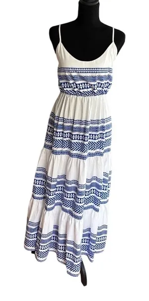 Boho Tiered‎ Maxi Dress White Blue Geometric Spaghetti Strap Summer thumbnail 1