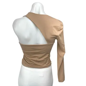 Tiger Mist Tan Beige One Shoulder Long Sleeve Stretch Blouse Crop Top Size M thumbnail 2