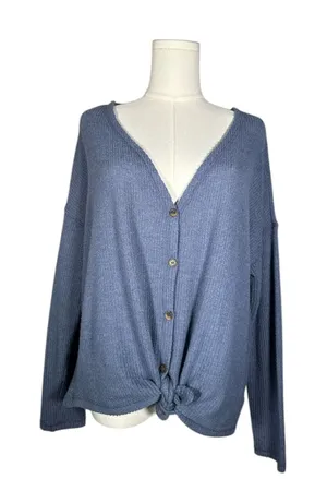 American Eagle Ribbed Knit Button Front Top Tie Front Twist Hem‎ Blue Medium thumbnail 1