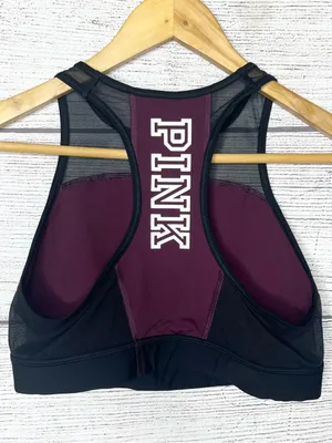 VS PINK Burgundy Crop Top Sports Bra Unlined Racerback Spell Out Logo Size Large thumbnail 7