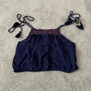 Free People Navy Blue Embroidered Halter Crop‎ Top with Tassels XS thumbnail 4