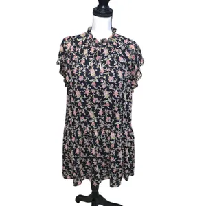LOFT Dress Black Floral Drop Waist Ruffle Neck Gold Embroidered Polka Dot thumbnail 2