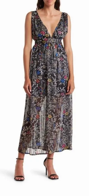 Anthropologie Raga Rain Forest Plunge Neck Maxi‎ Dress Black Floral Medium NEW thumbnail 1