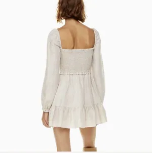 Aritzia Wilfred Tempest Natural Oatmeal Organic Linen Smocked Mini Dress S Boho thumbnail 3