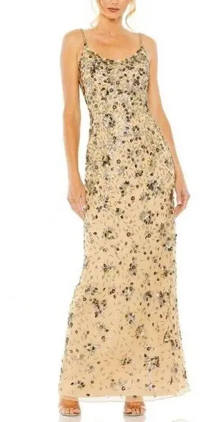 Mac Duggal 5477 Beige Gold Floral Embellished Scoop Neck Evening Gown Sz 10 thumbnail 1