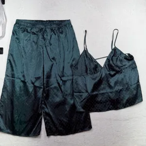 Linea Donatella Large Pajama Set Satin Green Gold Pin Dot Cami Wide Leg Pants thumbnail 3