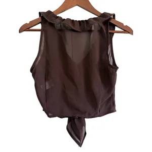 TIC TOC Chocolate Brown Chiffon Ruffle Tie Front Top S NWT thumbnail 2