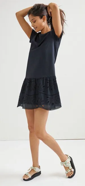 ANTHROPOLOGIE Maeve Black Flounced Eyelet Mini Shift Dress Size S thumbnail 1
