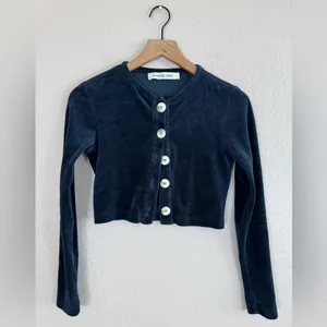 Peachy Den Celeste Velour Navy Twin Set XS $230 Cardigan + Trouser Pants thumbnail 8