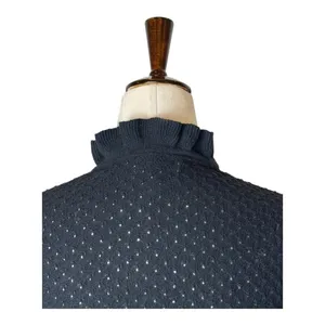 Ganni Sweater Women Small Black Linen Cotton Blend Textured Knit Ruffle Collar‎ thumbnail 4